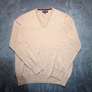 Brooks Brothers V-Neck Sweater Mens XL Tan Merino Wool Italian Yarn Quiet Luxury